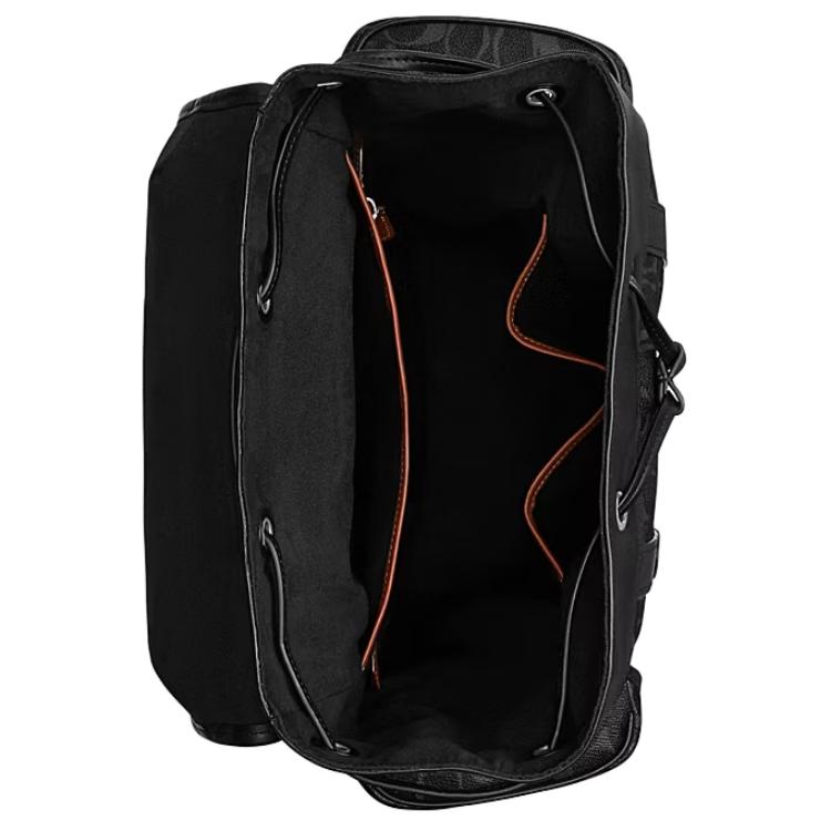 Coach Black Signature Canvas Leather Trim Large Flap Backpack with Side Pockets for Daily Use