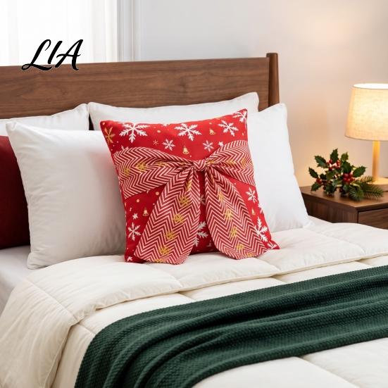 Holiday Home Decor Accessories Christmas Throw Pillow Cover, Cushion Cover with 3D Bow, Snowflake Print Sleeves Seasonal Farmhouse Case for