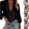 (Qunide) Women Long Sleeve V Neck Button-down Chiffon Shirts Letter Print Ruffle Tops Blouse Shirt