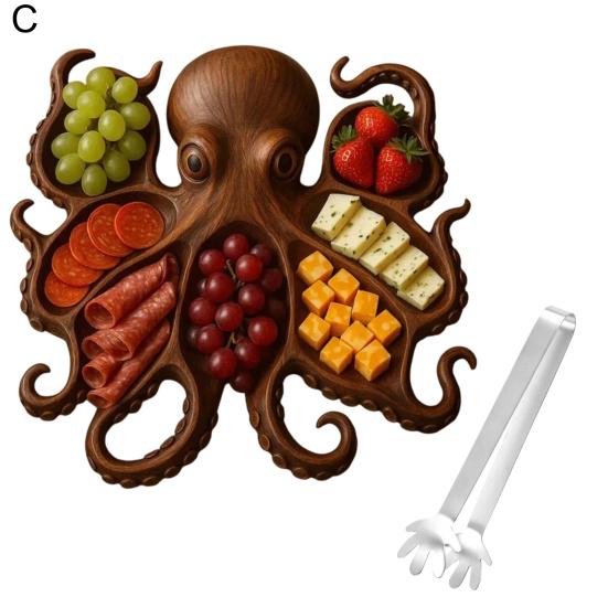 Блюдо для закусок «Осьминог» с вилкой, поднос для сырной доски в океанской тематике для мяса, сыра, фруктов, морепродуктов, деревянный сервировочный поднос, уникальный подарок