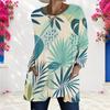 Women Plus Size Round Neck Long Sleeve Tropical Leaf Printed Loose Longline T Shirt With Pockets