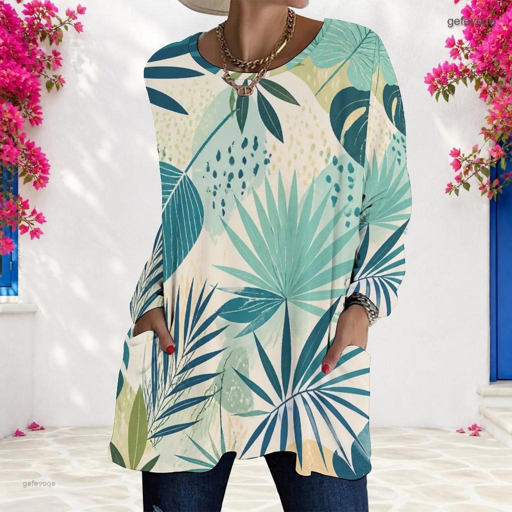 Women Plus Size Round Neck Long Sleeve Tropical Leaf Printed Loose Longline T Shirt With Pockets