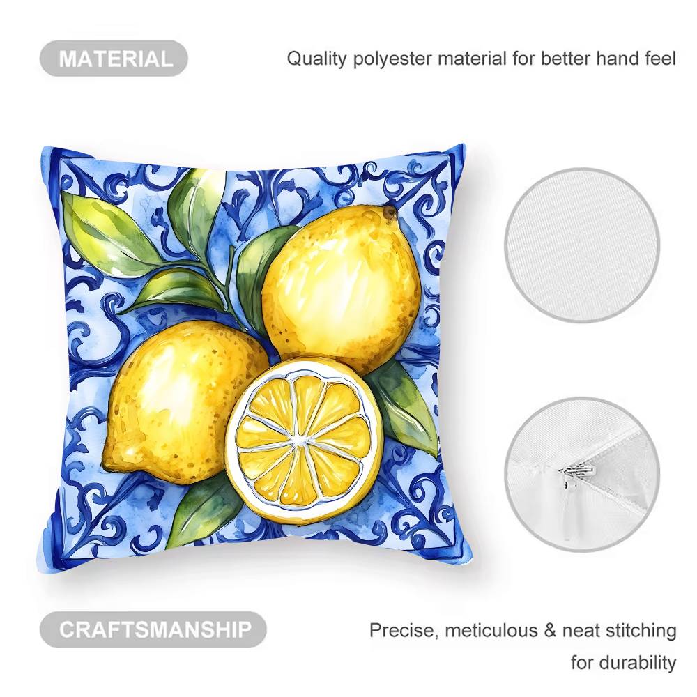 Blue - Toned Watercolor Lemon Pillow Case Anti-Dustmite Pillowcase Invisible Zipper Silky Short Plush Sofa Cushion Cover