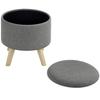Round Pouf Footrest Stool With Storage Box Wooden Legs Modern Design Gray