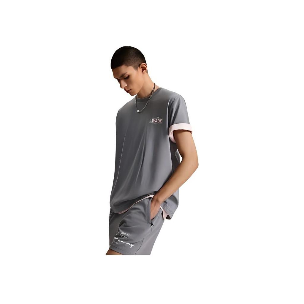 Li-Ning Wade Series Alphabet Print Round Neck Pullover Comfortable Loose Short Sleeve Drop Shoulder T-Shirt Men Tops Shadow-Gray AHSU363-1