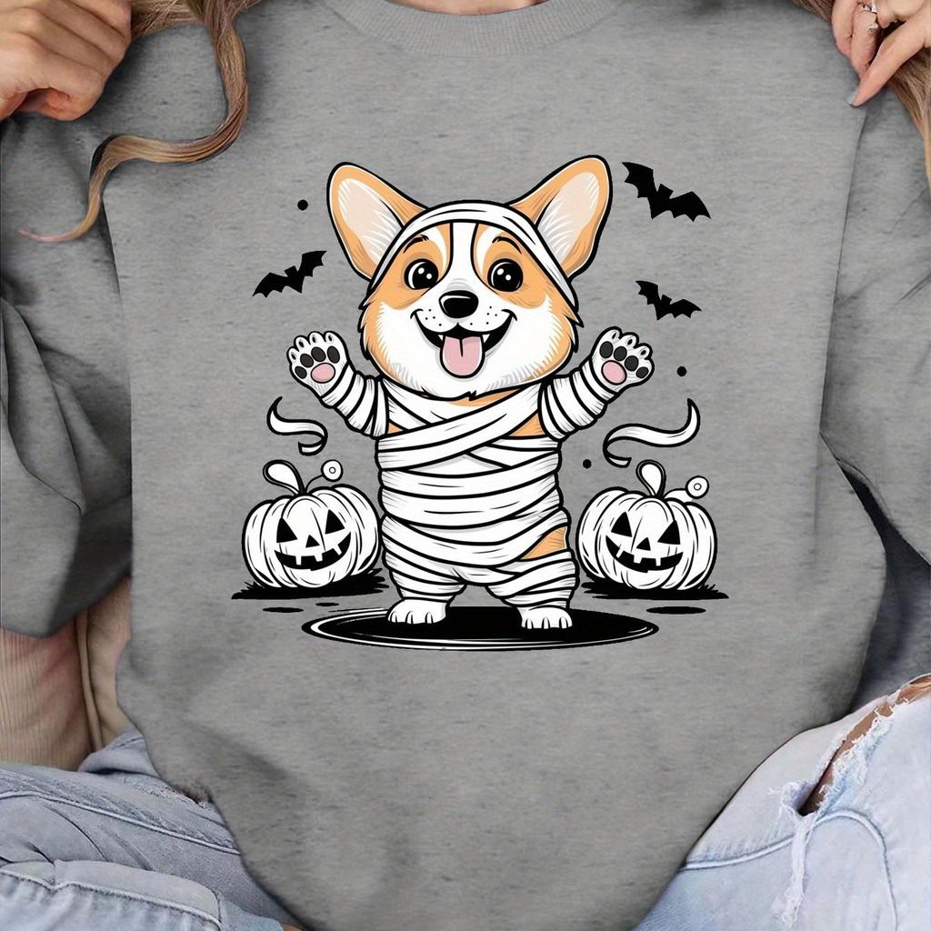 Corgi Mummy Costume Printed Pullover, Casual Long-sleeved Crew Neck Sweatshirt, Suitable for Spring and Autumn, Women's Clothing