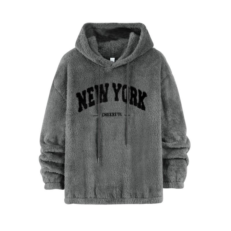 Mens Oversized Hooded Sweatshirt European Style Fleece Lined Letter Embroidered Pocket Hoodie