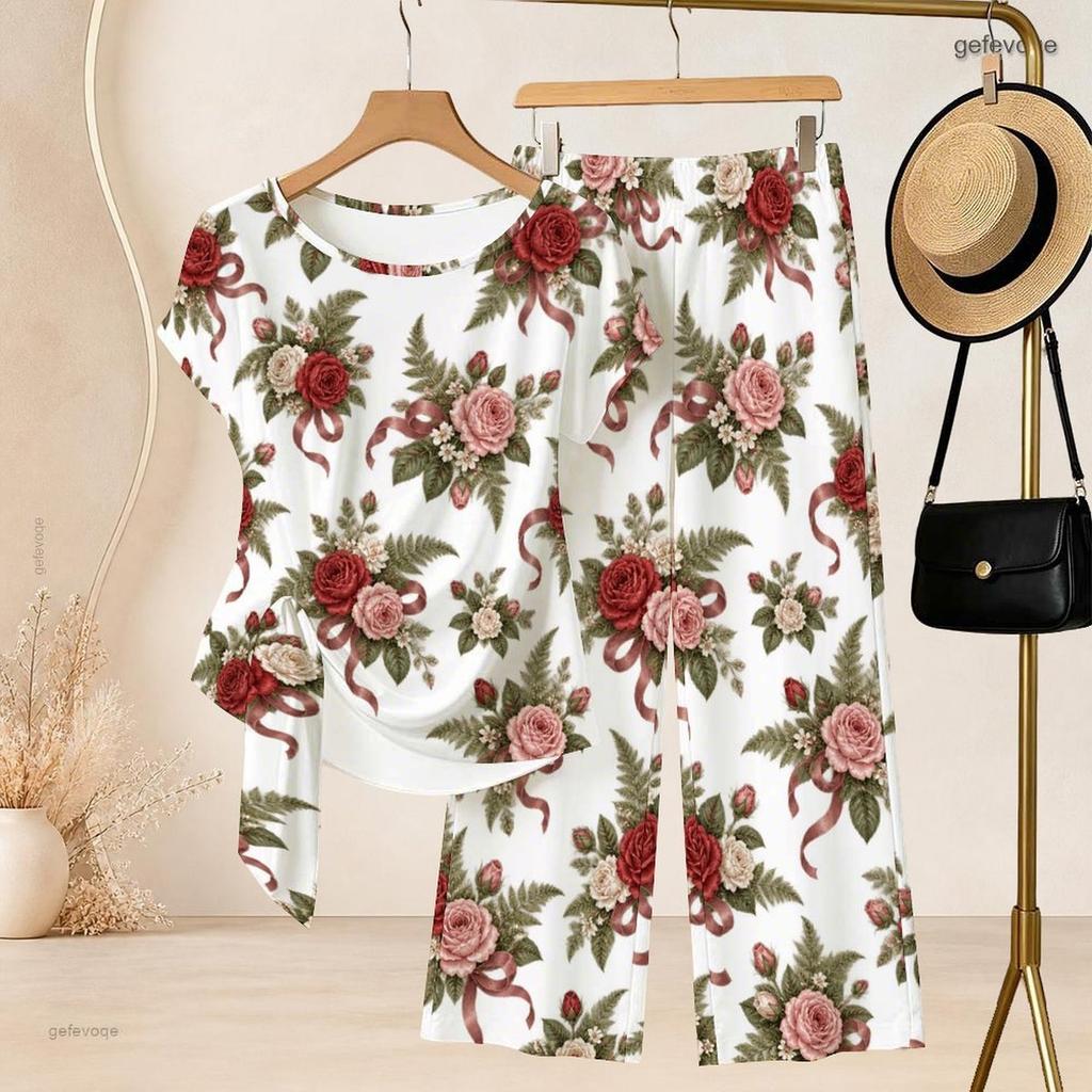 Women Plus Size Round Neck Short Sleeve Floral Printed Knot Hem Top Long Pants Two Piece Set