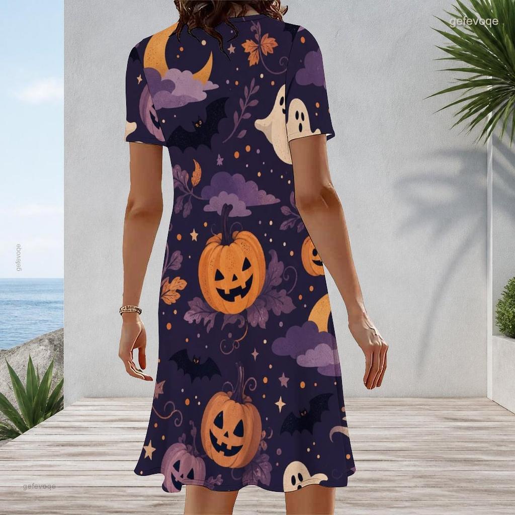 Women Plus Size Round Neck Short Sleeve Dark Purple Halloween Printed A Line Dress