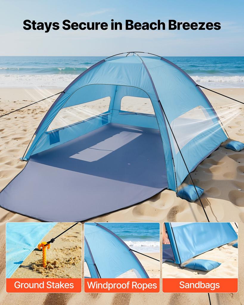 VEVOR Beach Tent Sun Shelter for 8 Person, UPF 50+ Protection, Portable Sun Shade Canopy with Carrying Bag & Sand Pockets