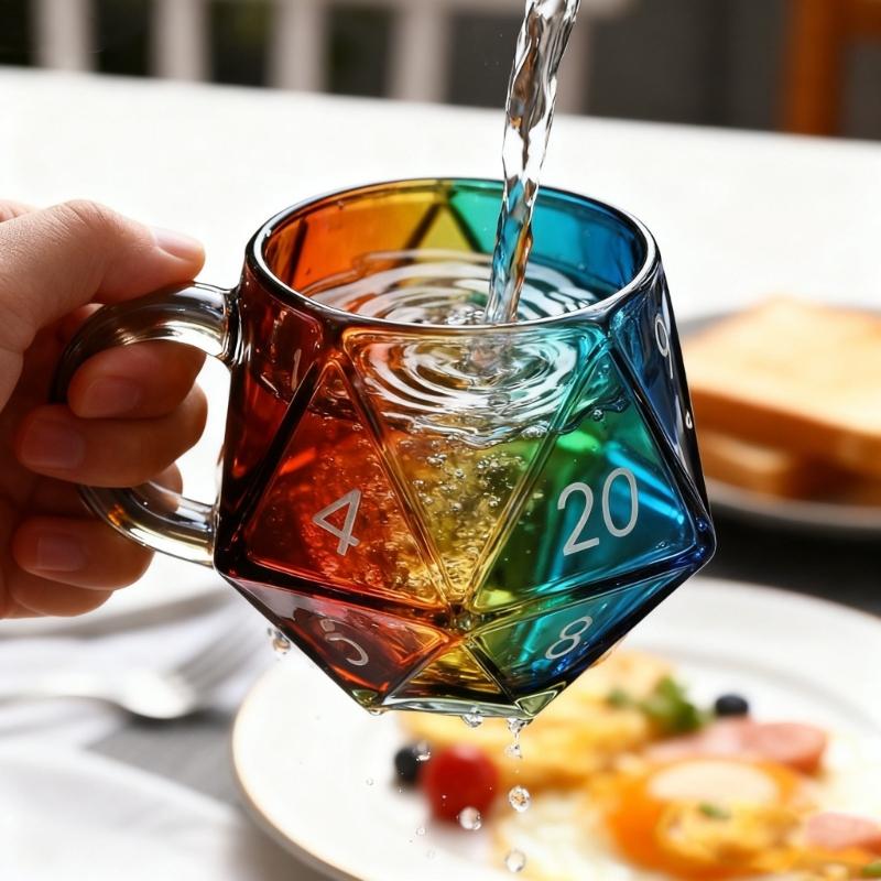 Rainbow D20 Dices Design Glass Cup Geometric Multicolored Heat Resistant For Hot Beverages Ergonomic Handle Gaming Enthusiasts