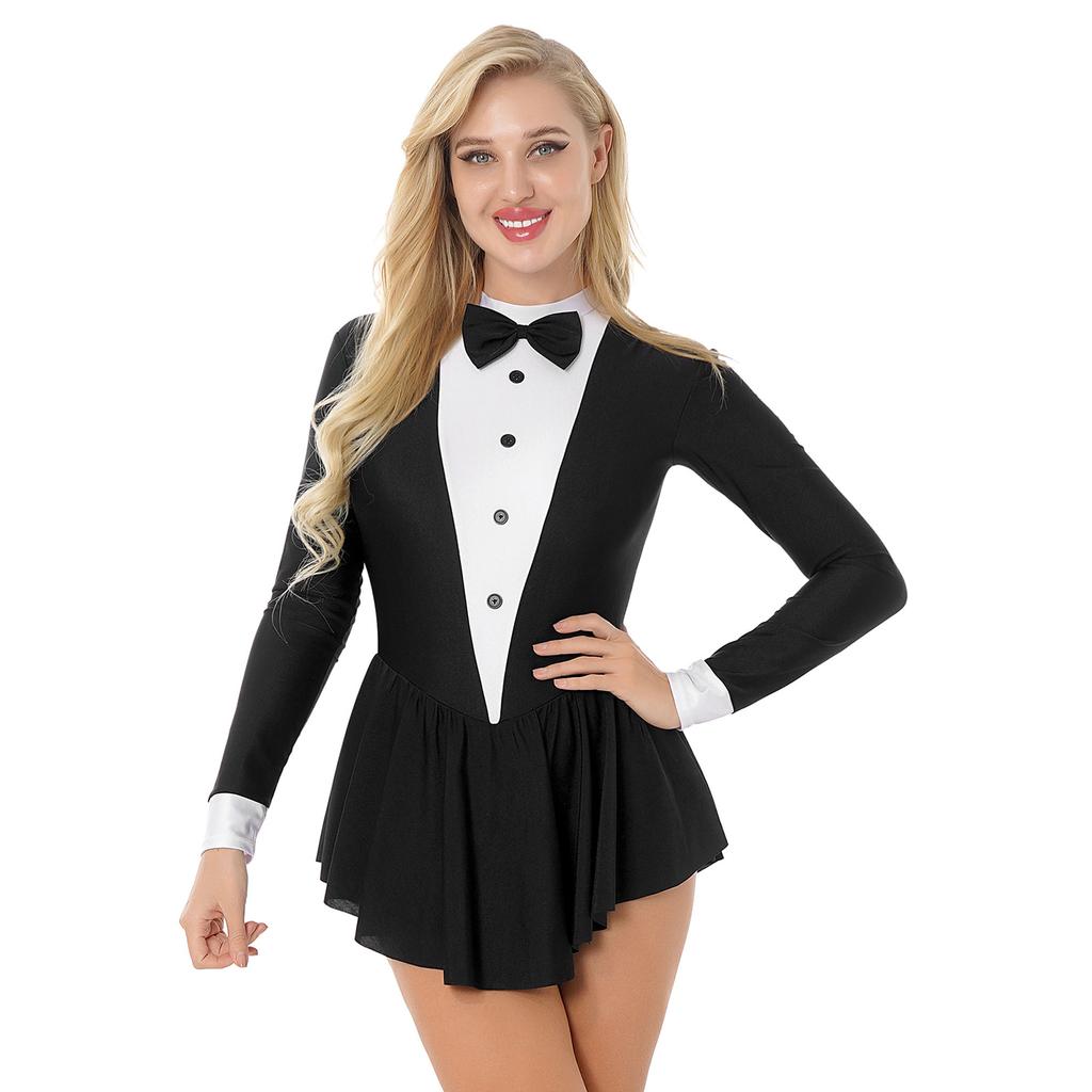 Women's Party Hostess Costume S-XXL: Stylish Contrast Tuxedo Dress Featuring Bow Buttons and Long Sleeve Ruffle Cuffs