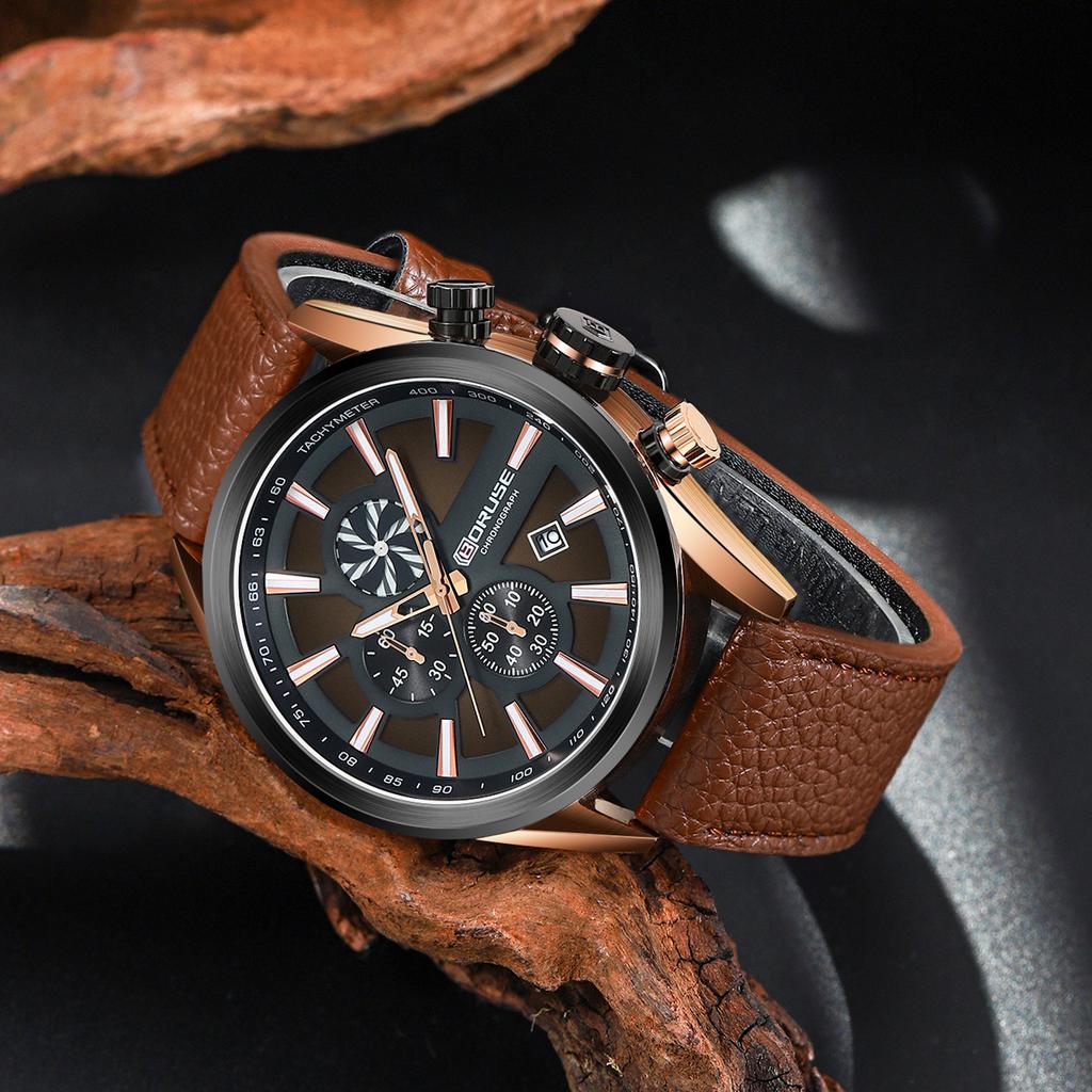 BORUSE Мужские классические повседневные часы Кварцевые часы Модные спортивные часы Часы с хронографом Водонепроницаемые часы Кожаный ремешок