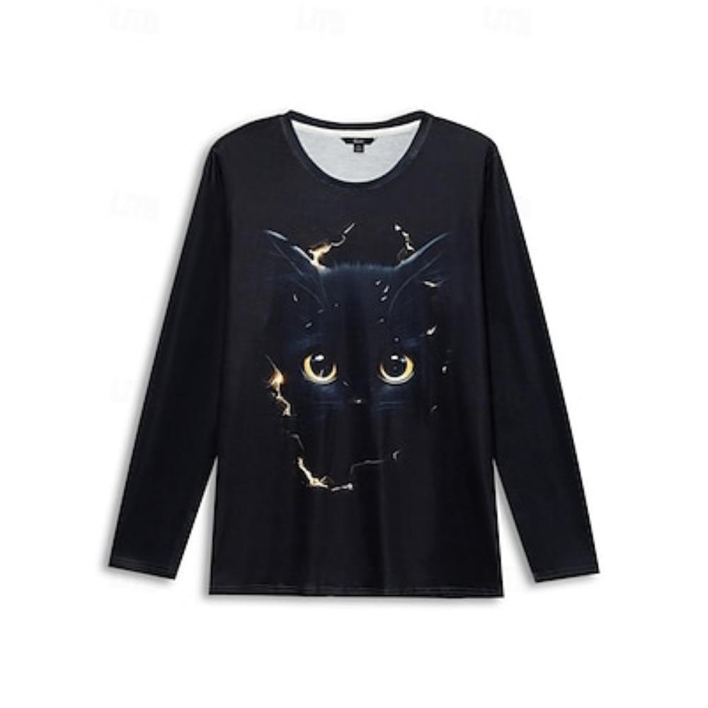 Women's T Shirt Tee Cat Print Daily Weekend Fashion Funny Long Sleeve Round Neck Black Spring &  Fall