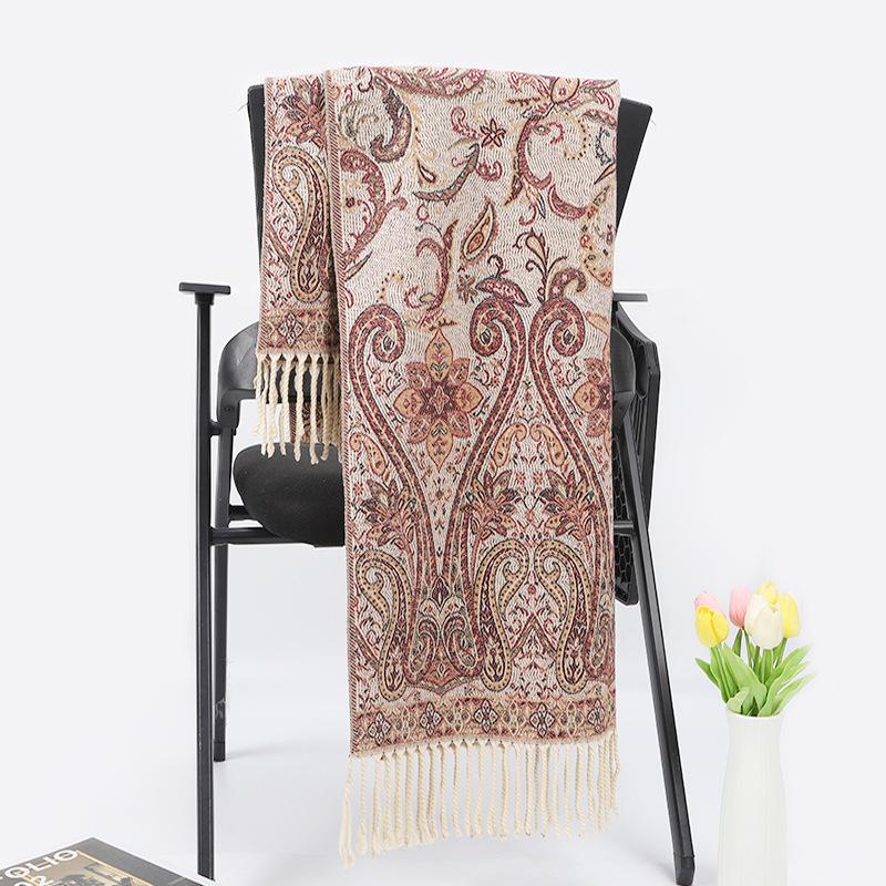 Cashew pattern long jacquard ethnic style vintage fringed shawl, dual-use scarf for women, warm travel cape
