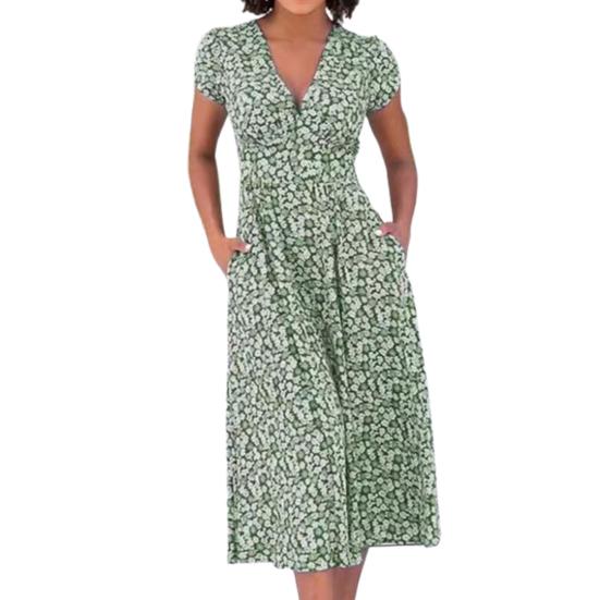 Платье миди в стиле бохо с V-образным вырезом, короткими рукавами, высокой талией, женским платьем с карманами, струящимся подолом, платье А-силуэта