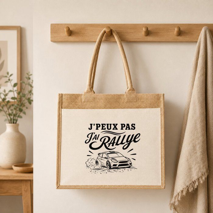 Sac Cabas Jute avec Poche J’peux pas j’ai Rallye J'peux pas minimaliste | Toile de Jute et Coton 21 L Fond Plat Anses 65 cm