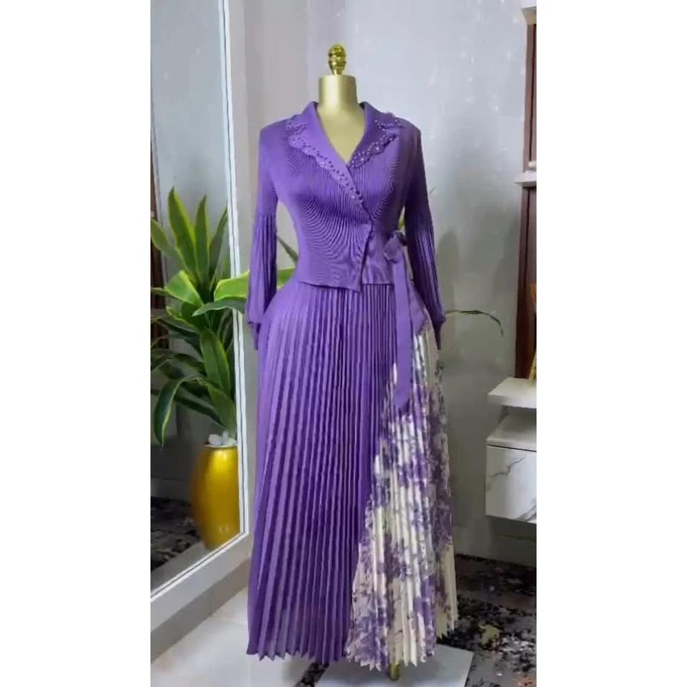 Новое плиссированное платье А-силуэта, элегантный костюмный воротник, средняя длина, утягивающая талия, стройнящая женская юбка со складками