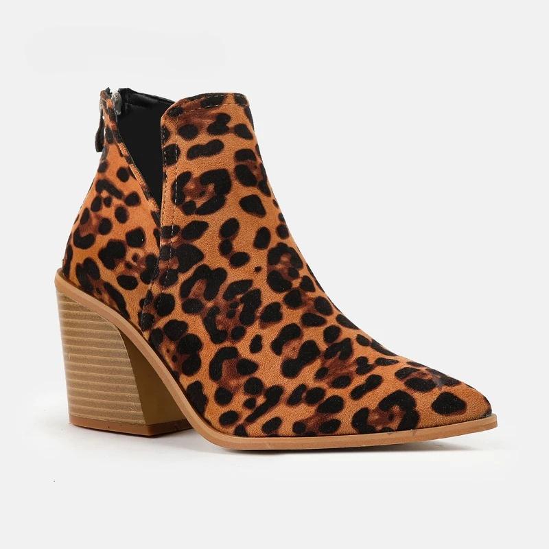 2024 Leopard Print Short Boots for Women European American Chunky Heeled Pointed Bare Boots High Heels Shoes Spring Autumn 2024 New