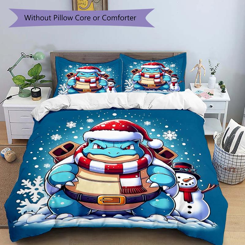 3pcs Squirtle's Winter Wonderland Adventure Quilt Cover Set (1 Quilt Cover + 2 Pillowcases Without Pillow Core), High-Definition Printing for Hom