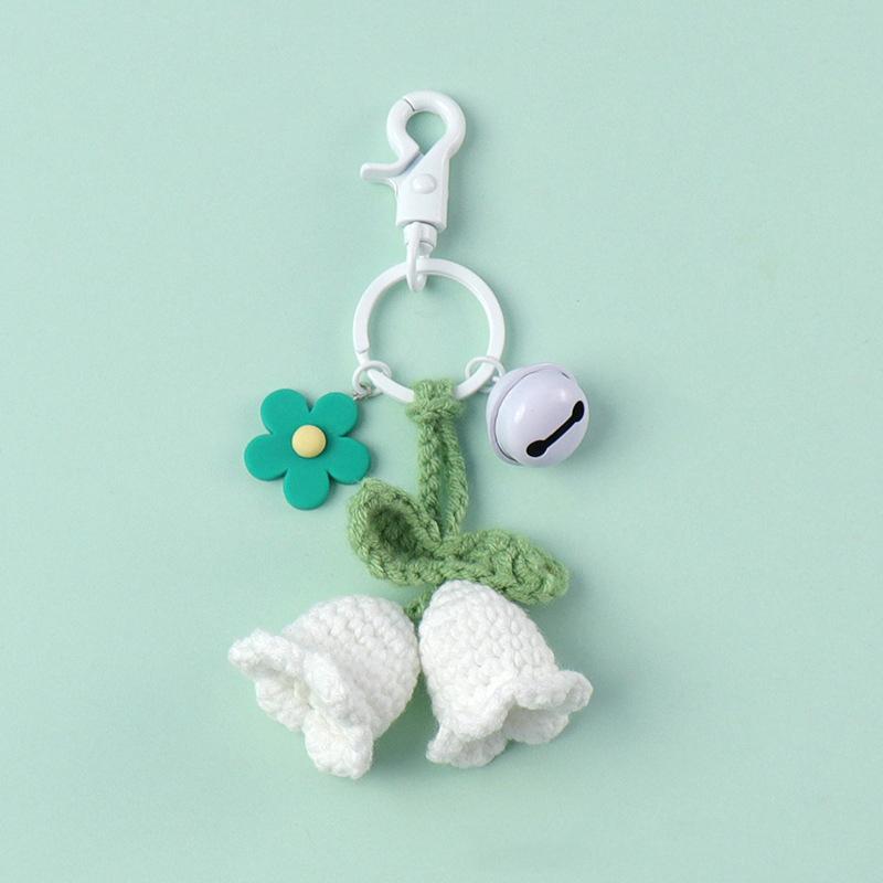 Women Bell Orchid Keychain With Bell Cute Crocheted Handbag Charms Wind Chimes Flower Keyring Bag Pendants Handmade Knitted