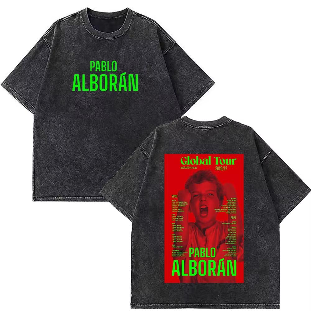 Singer Pablo Alborán Global Tour Kmo 2026 Print Washed Vintage T Shirts Mens Women Hiphop Casual Oversized Streetwear T Shirts
