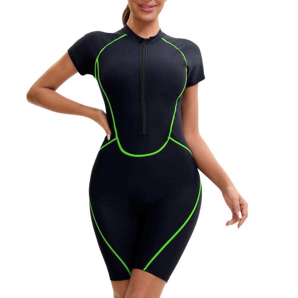 Женский слитный купальник с короткими рукавами на молнии и плоским углом, женские плавки с тремя точками и подкладкой для груди