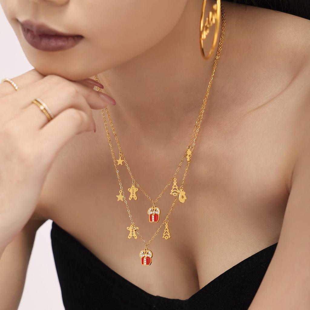 Oumeka Christmas Geometric Pendant: 18K Gold-Plated Stainless Steel Enamel Chain Jewelry