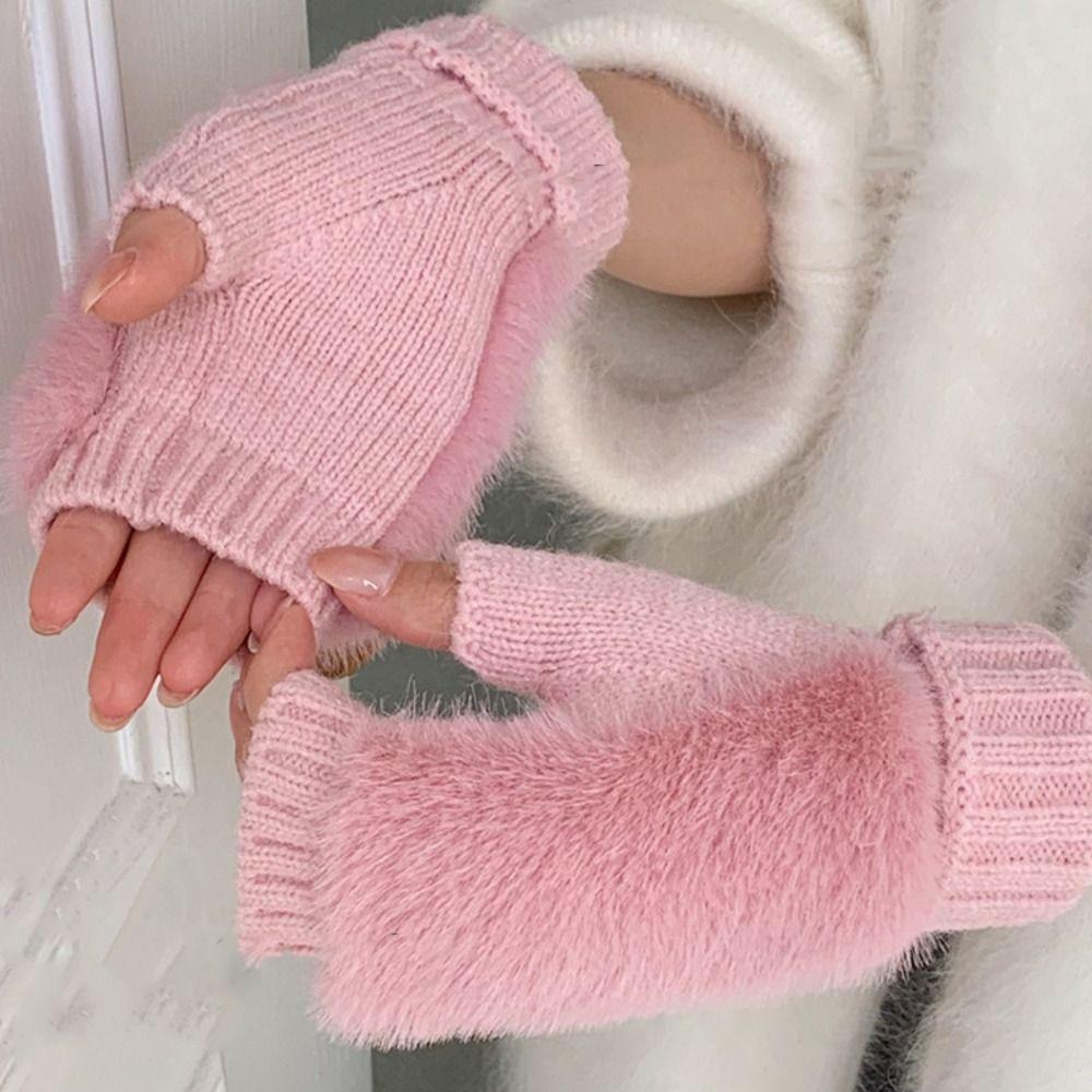 Warm Half-Finger Gloves Soft Winter Women Gloves Fashionable Plush Gloves  Autumn