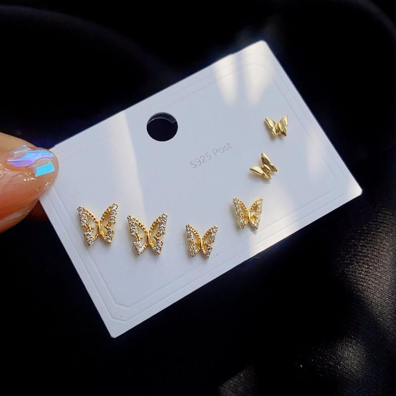 Minimalist Stud Earrings Set 3 Pairs Gold Tone CZ Geometric Floral Design Women Daily Wear