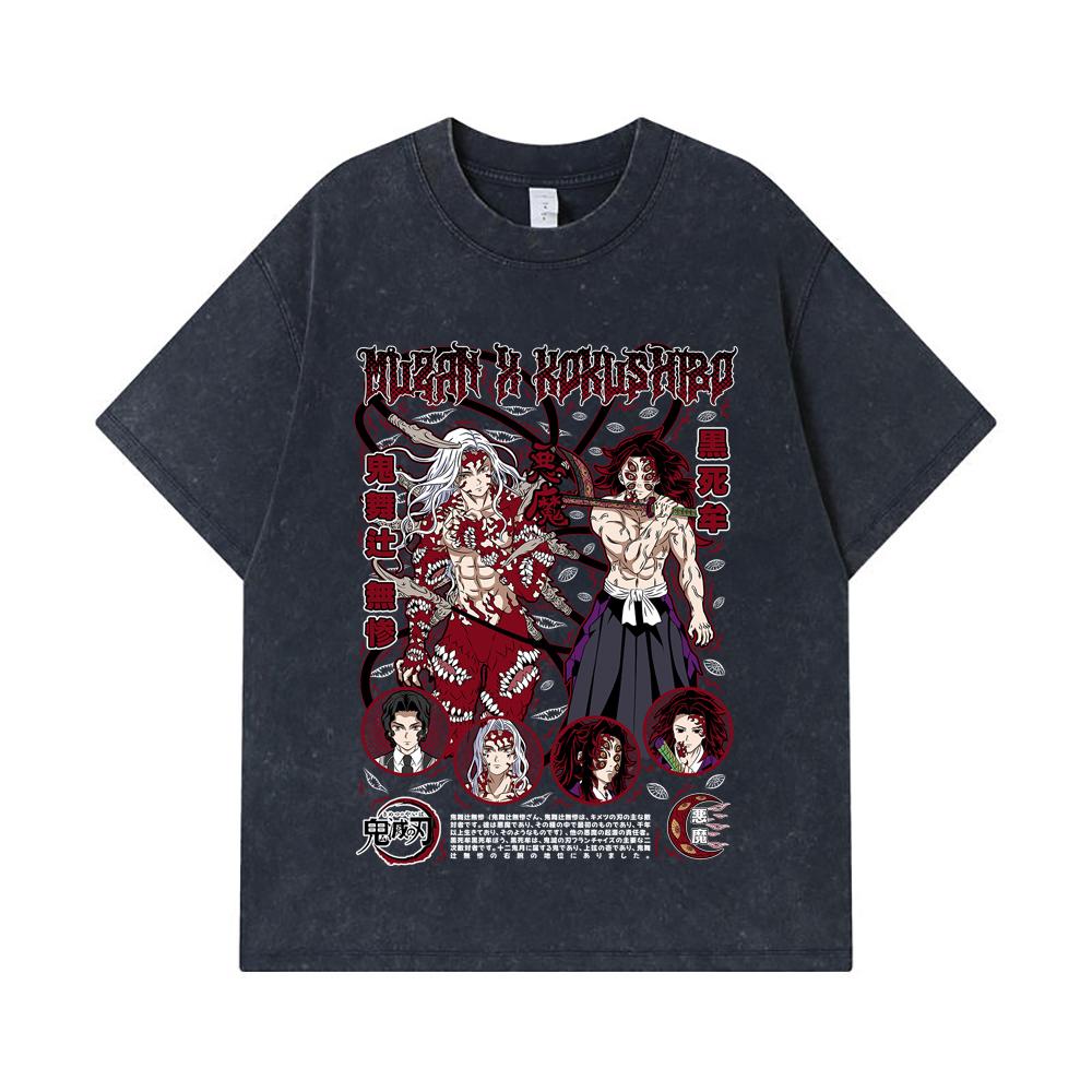 275 GSM Washed T-shirts 100% Cotton Demon Slayer V14 Muzan Kokushibo Print Unisex Heavy Cotton T Shirt
