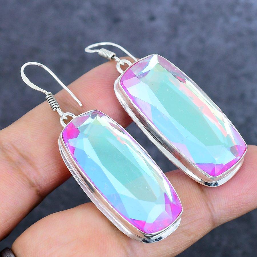 Розовый Мистический Топаз Драгоценный Камень Ручной Работы 925 Стерлинговое Серебро Серьга 2.21" t7D39