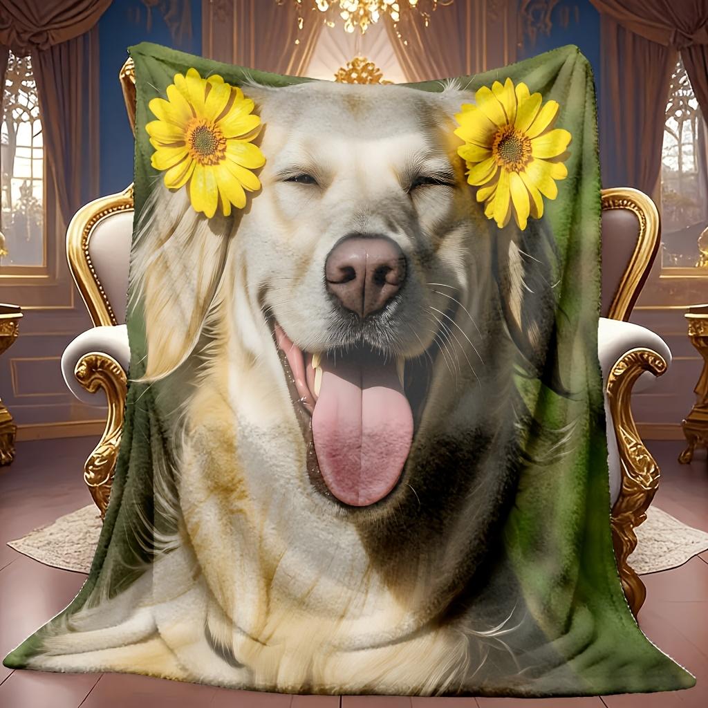 Cozy Fleece Blanket Featuring a Dog Theme with a Vibrant Green Backdrop Adorned with Sunflowers. Ideal for Year-Round Use, This Soft And Breathable Co