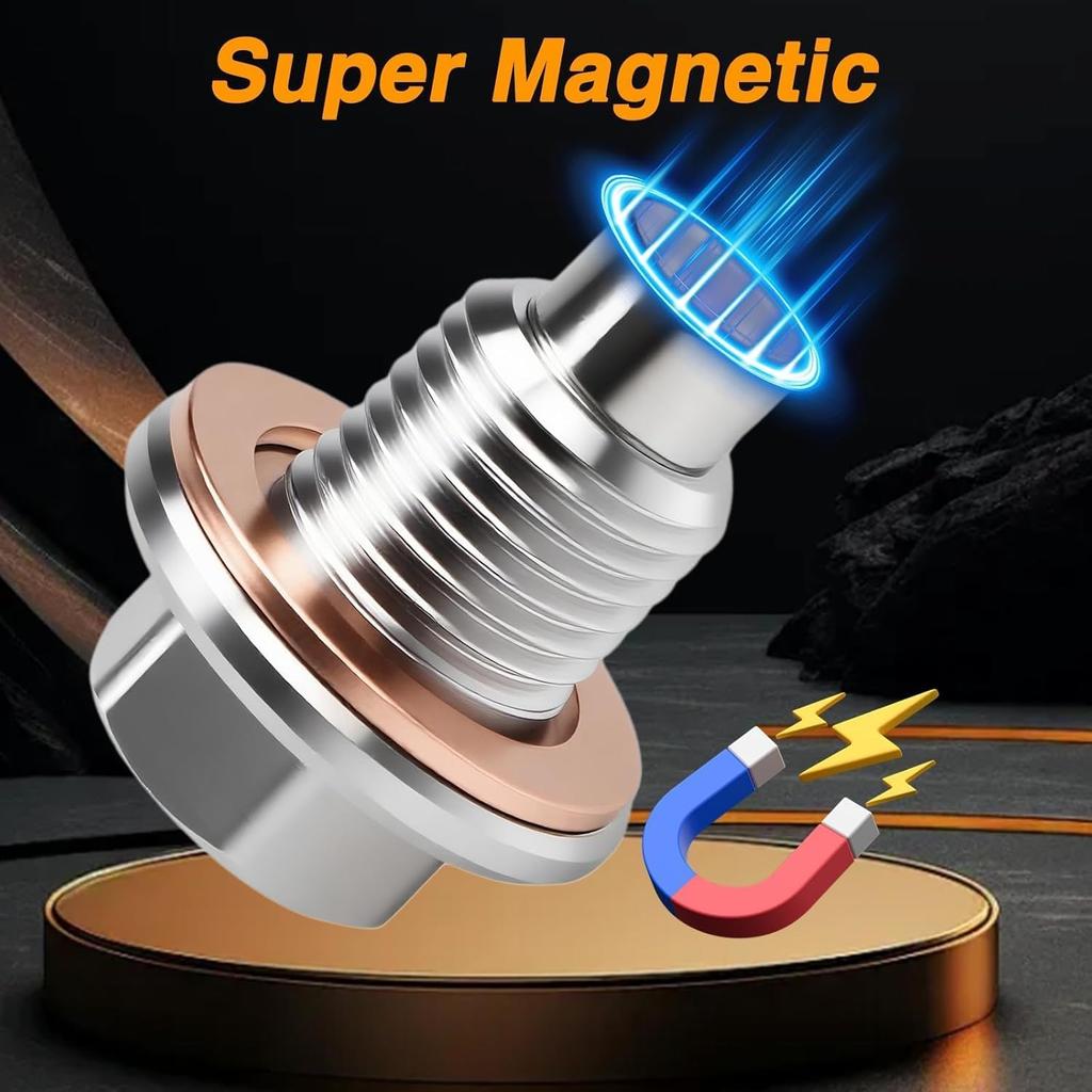 M12*1.25 Stainless Steel Magnetic Oil Drain Plug (with Extra 4 Copper Gaskets), Oil Pan Drain Nut Bolt, Anti Leakage Seal Compatible with Most Cars,