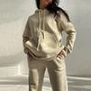 2 Pcs/Set Women Casual Outfit Hoodie Pants Set Thick Solid Color Long Sleeve Warm Drawstring Elastic Waist Plush Pullover Pocket