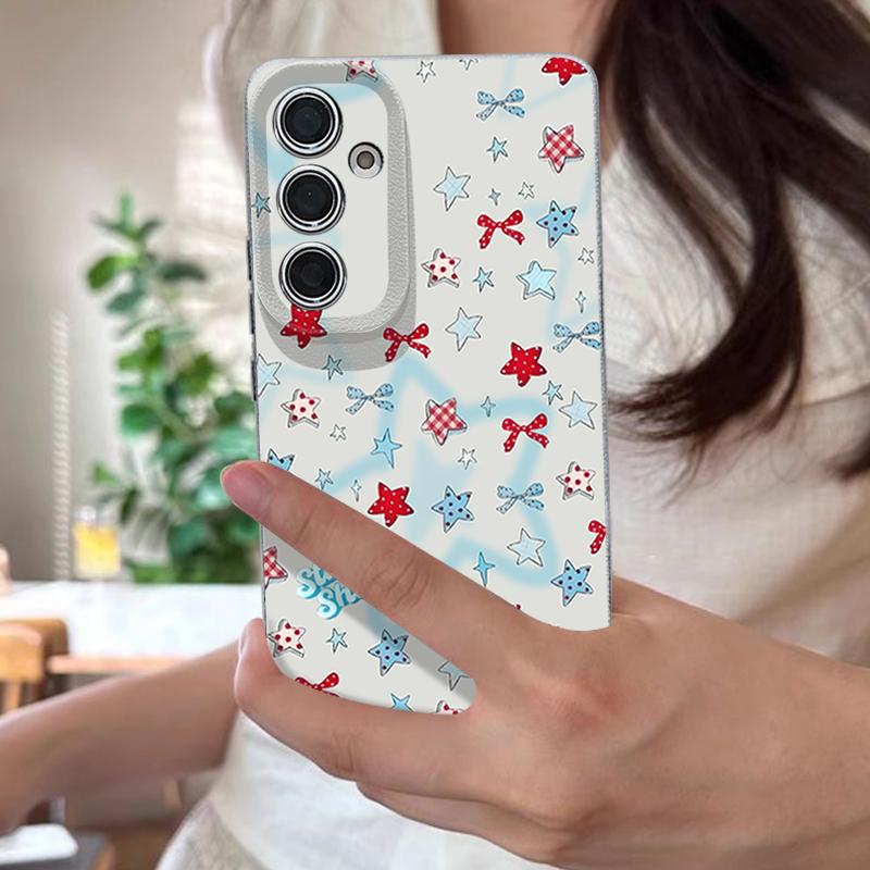 Чехол со звездочками и бантами для Samsung Galaxy A57 A37 A17 A56 A36 A26 A16 A55 A35 A15 A54 A34 A14 5G Силиконовый чехол с текстурой кожи
