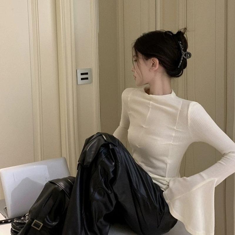 Женская мода расклешенные рукава футболки пэчворк простые досуг женские элегантные тонкие пуловеры топы