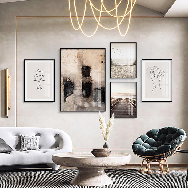 Плакат на скандинавскую тему, природный пейзаж, картина, абстрактная женская линия, настенная живопись, печать на холсте, песчаный пляж, картина с травой, современный домашний декор