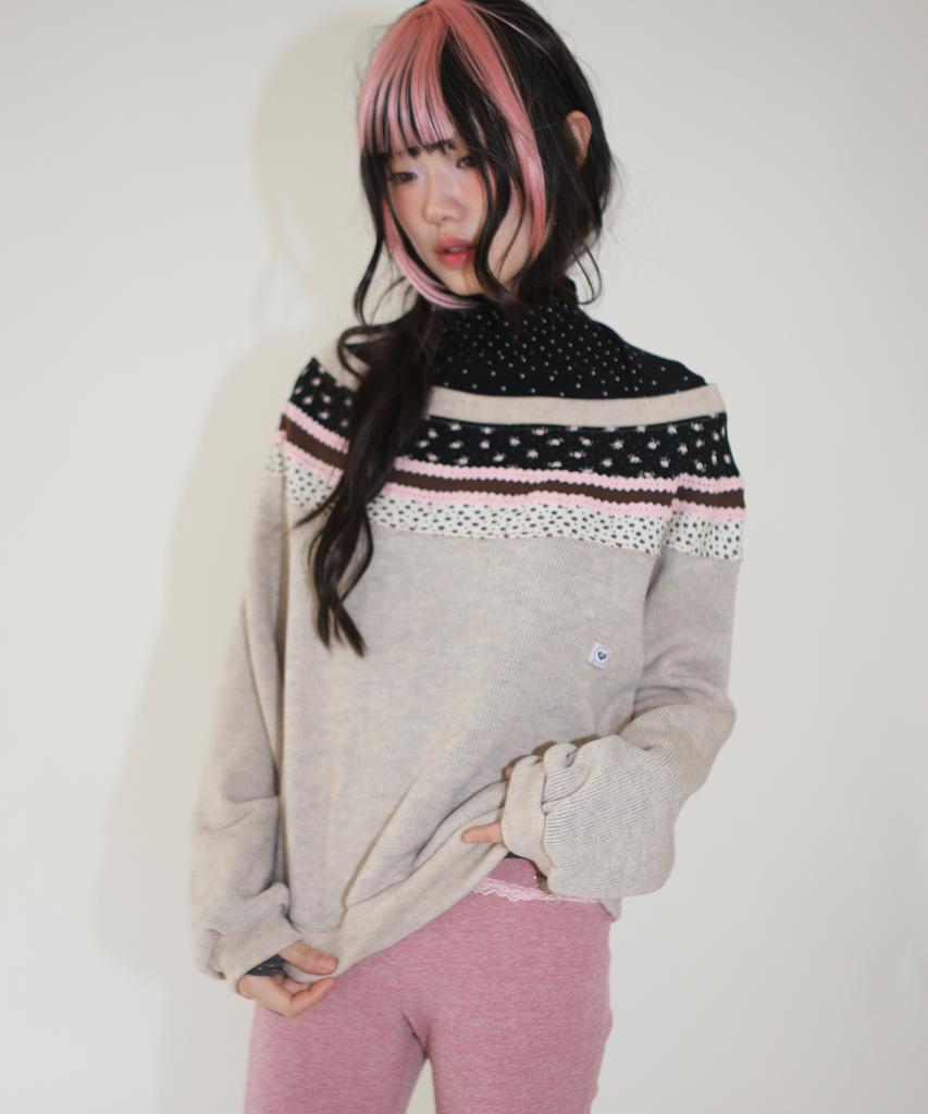 NOFFICIALNOFFICE Rainbow Patchwork Knit Top Beige