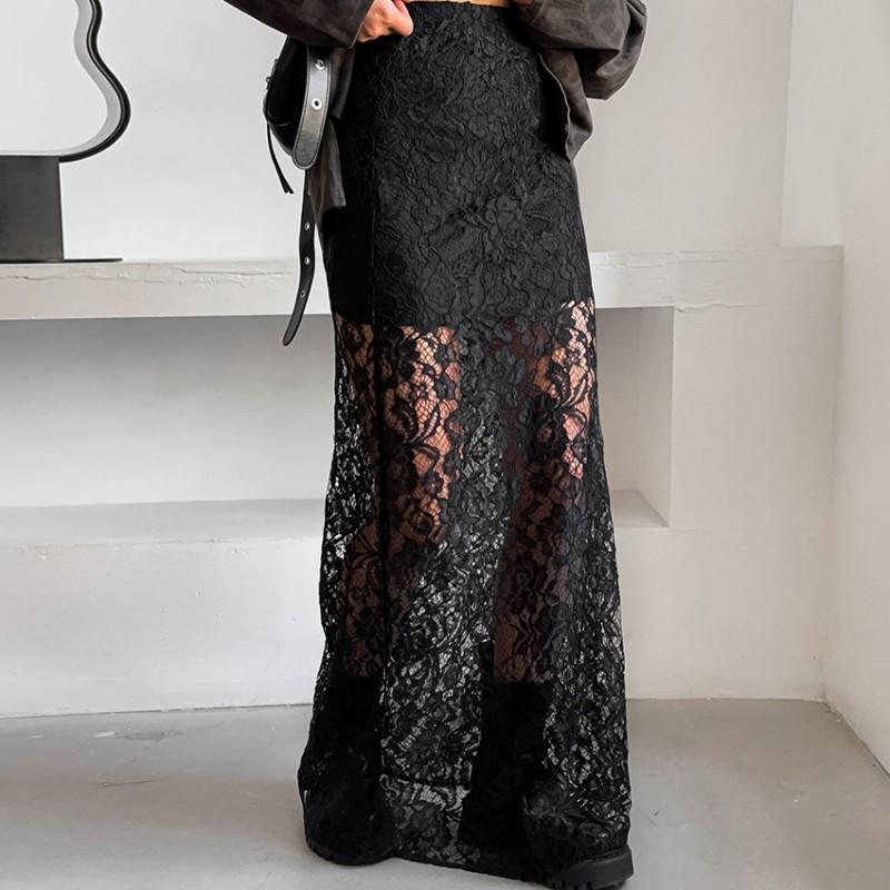2026 Womens Sexy Hollow Lace A-Line Long Skirt Elegant Black Party Dress