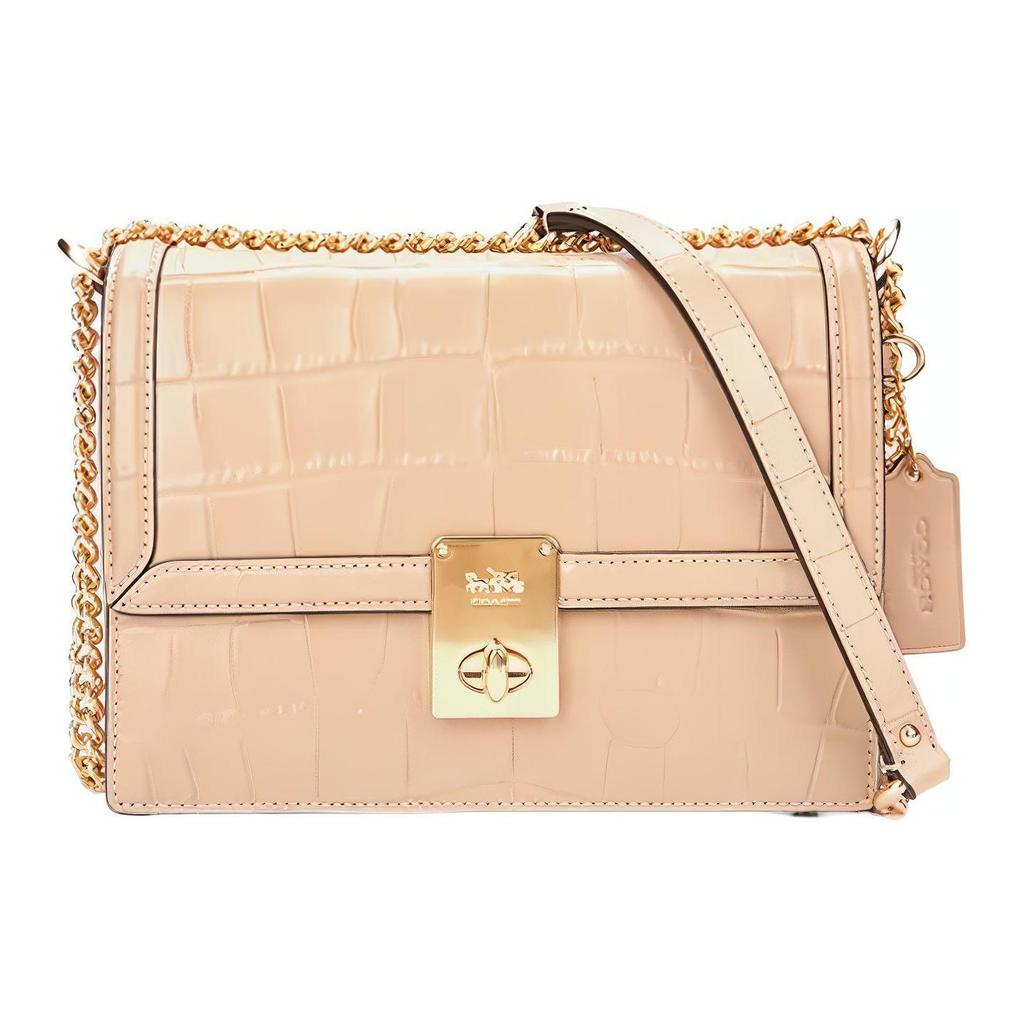 Coach Hutton 22 Gold Logo Turnlock Crocodile Pattern Flap Chain Leather Shoulder Bag Small Women shoulder bag Gray-Brown CN060-IMTAU