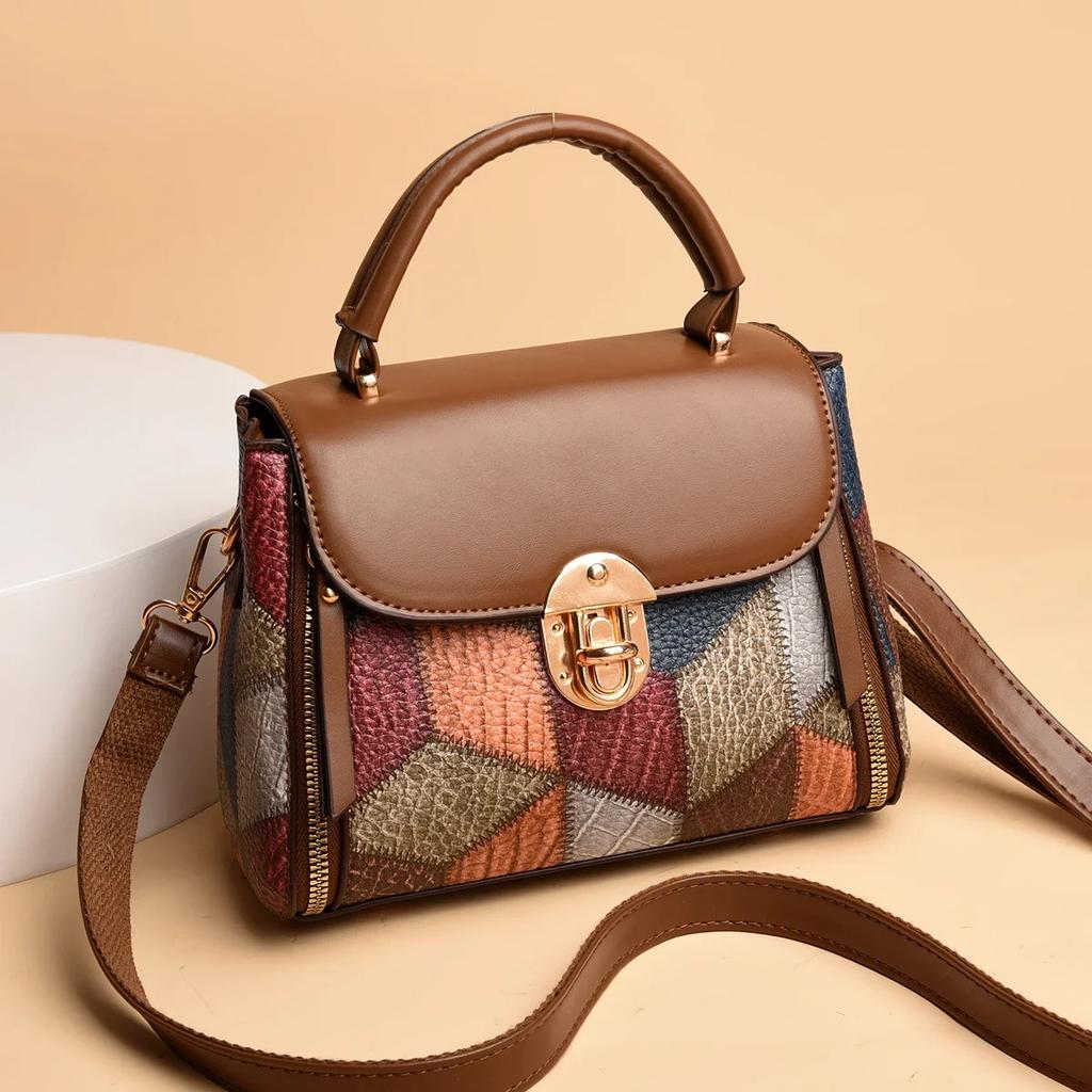 Autumn New Color-blocked Leather Feminine Small Square Tote Elegant Shoulder and Crossbody Bag