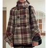 Plaid Double Breasted Women's Coat Elegant High Collar Pocket Puff Sleeve Female Jacket Fashion Lady Outwears