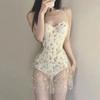 Sexy Korean Fashion Floral Print Push Up Swimsuit Two Pieces with Perspective Mesh Cover Skirt Bodysuits Bikinis Swimwear