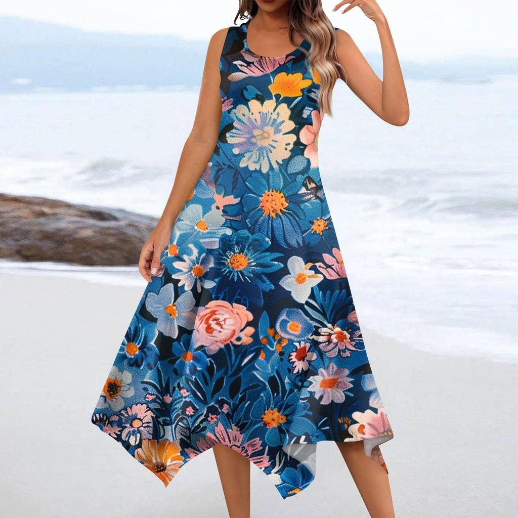 Женское повседневное модное платье миди без рукавов с круглым вырезом и нерегулярным подолом с цветочным принтом