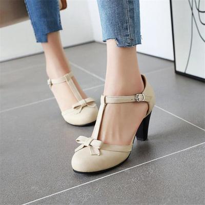 Большой размер 32-48 Женские туфли-лодочки с Т-образным ремешком, Сандалии с вырезами, Девичьи туфли на высоком каблуке, Банты, Женские туфли на высоком каблуке, Круглый носок, Вечерние свадебные туфли