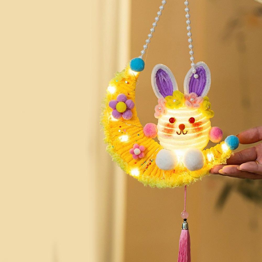 Handmade Twisted Stick Rabbit Lantern DIY Material Kit Glowing Moon Rabbit Flower Lantern with Light Handle Lantern Children