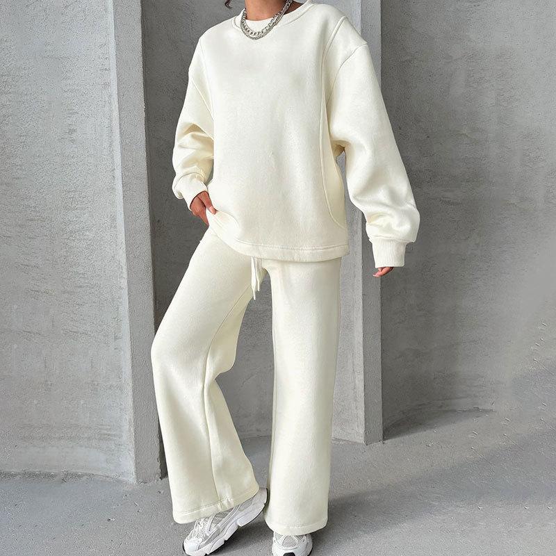2024 осень и зима новый однотонный круглый вырез длинный рукав свободный женский комплект одежды модный повседневный широкий брюки