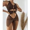 Sexy With Sarong Lace Up Cut Out Ribbed Women Swimwear One Piece Swimsuit Female Padded Bather Bathing Suit Swim