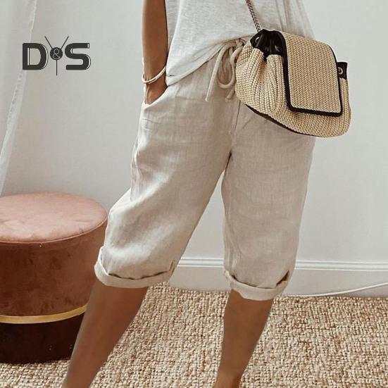 Повседневные брюки с карманами, дышащие, с эластичной резинкой на талии, однотонные, в винтажном стиле, свободные брюки до колена с завязками для женщин